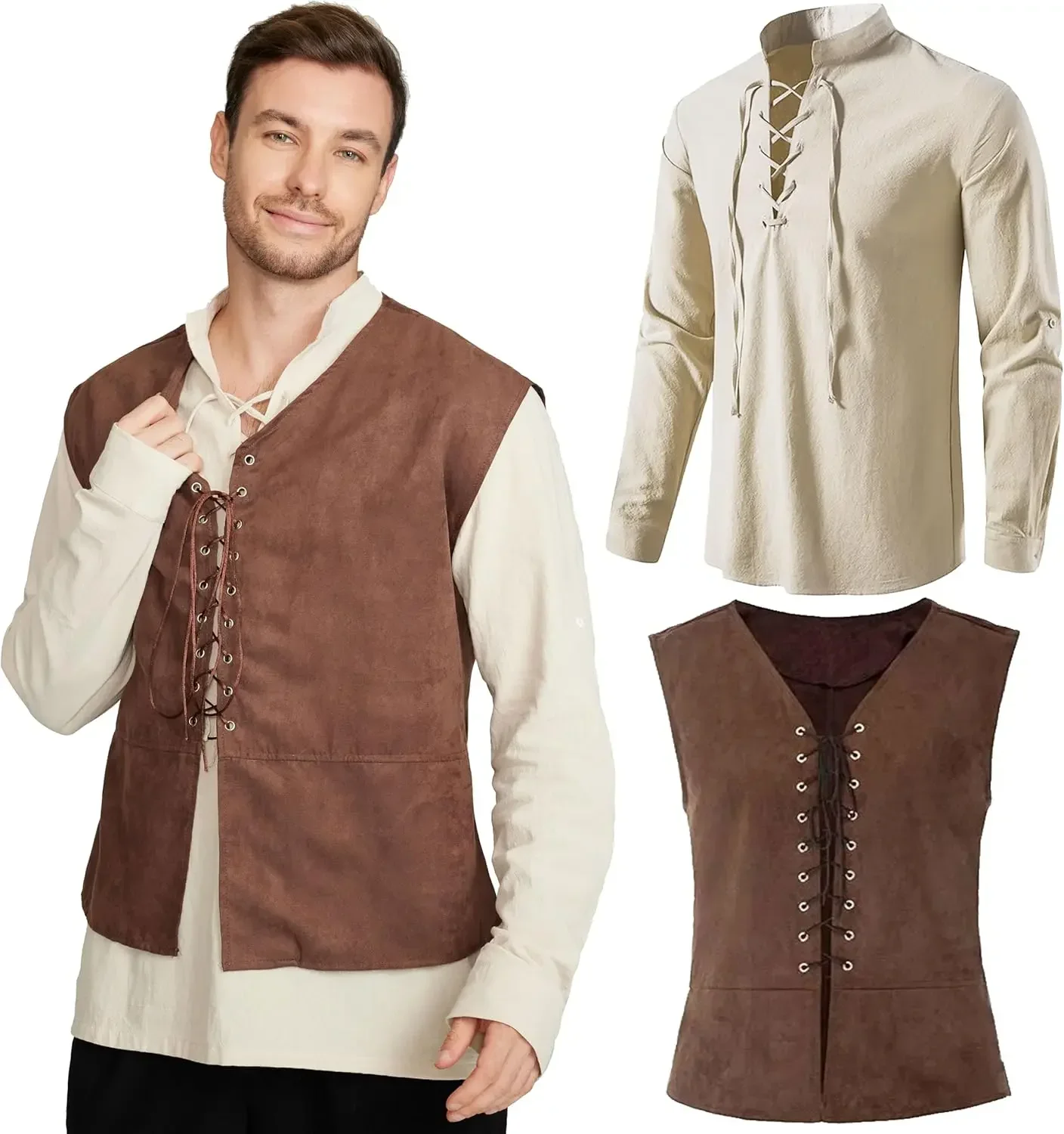 Medieval Gothic Lace Up Pirate Shirt - Conjunto de 2 Peças: Colete de