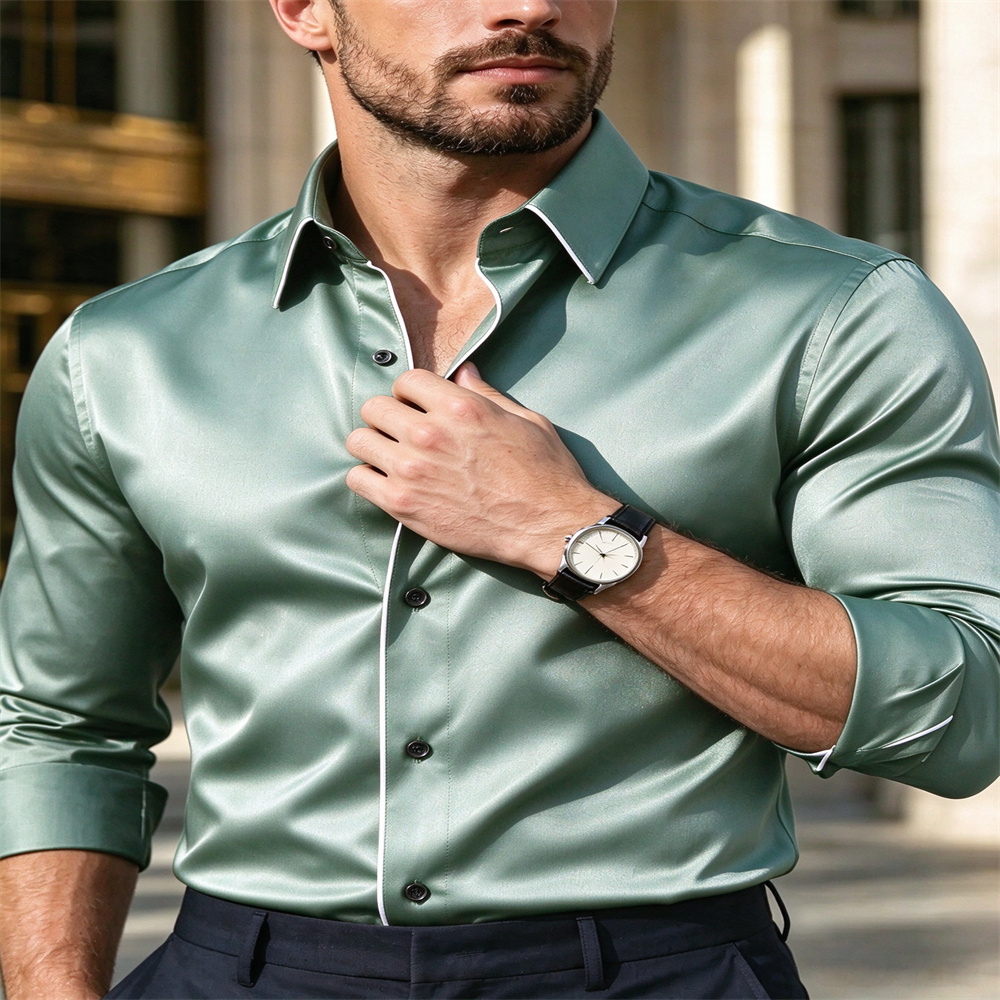 Camisa de manga comprida, cort - Mens Satin Silk Dress Shirt avaliação e preço