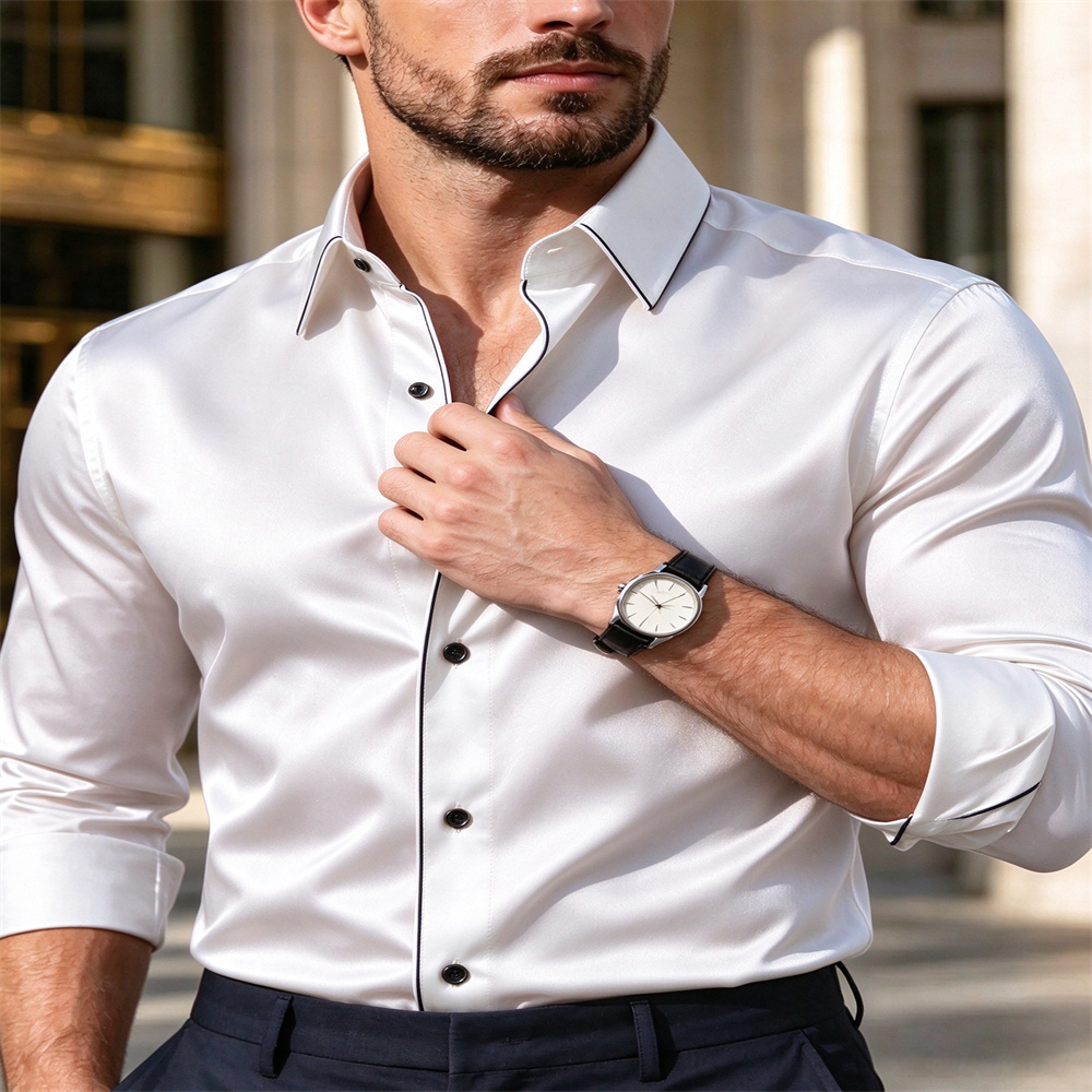 Camisa de manga comprida, cort - Mens Satin Silk Dress Shirt avaliação e preço